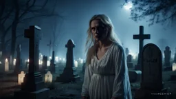 High-resolution, ultra-realistic, 4K cinematic image of a dimly lit villager cemetery at 3am. A blonde very sad woman dressed in white High-resolution, ultra-realistic, 4K cinematic image of a dimly lit villager cemetery at 3am. A blonde very sad woman dressed in white canvas vintage Nightgown. With an expression of pain, closed eyes, crying, surrounded by tombstones and some dark tree and candle, dark blue night with stars.