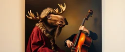 master oil painting by Rembrandt, laughing opera mozart moose with a wig, playing big big cello piano