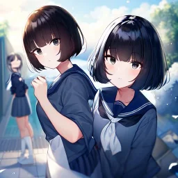 Clear focus, High resolution, short black hair, black eyes, wearing a sailor uniform, rough line, frowning, fluffy bob cut, fluffy hair, long white socks