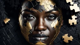 a beautiful black woman face made of black puzzle with kintsugi seam, photo realistic, 16K