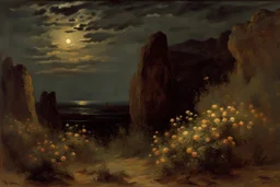 Night, clouds, flowers, rocks, mountains, trees, sci-fi, rodolphe wytsman and alfred stevens impressionism paintings