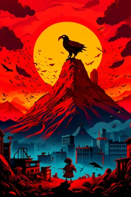 A volcano exploding over a big City, a shadowy red transparent figure appears in the sky with big bird, many dead bodies of children