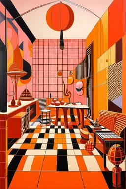 A light rosy orange colored workshop with jazz instruments painted by Victor Vasarely