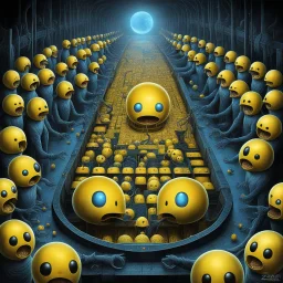 by Anton Semenov and Max Ernst and H.R. Giger, surreal horror pac-man nightmare, assembly line of Pac-man evil clones waiting to be activated, sinister Poster art, color ink illustration, sharp focus, surreal concept art, yellow and Dark-blue color scheme, by Zdzislaw Beksinski