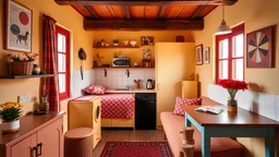 a tinyhouse interior in Catalonian style, art de vivre, dolce vita, microstudio, tiny house, micro studio, 10m2, organize, kitchen bedroom living room, all-in-one , Catalonian :: small, compact :: Catalonia:2 , warm yellow and red colors, vintage, mediterranian