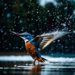 Kingfisher flying on a pond, water splashing around and sky blue theme and heavy rain and cooler temperature