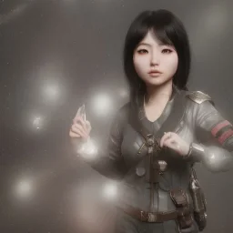 uma mulher japonesa maravilhosa, little fat, rosto muito detalhado, vestindo roupa valquiria, efeito de névoa, efeito de particulas