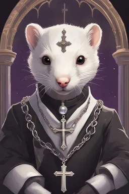 (anthropomorphic white ferret),dressed in ((cleric fantasy)) black clothes with silver holy ornaments, realistic anatomy, holy symbols around, serious face, hold holy cross symbol, tired face, in the style of LOISH, look at the vivewer, cute face, fantasy inspire, fantasy church on background with sunshine, gloomy atmosphere, high angle shot, purple armband