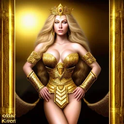 Ultra detailed fullbody Portrait in oil on canvas of beautiful blonde amazon with Tiger Gold cloth Armor ,extremely detailed digital painting, extremely detailed face,perfect crystal clear Big Glowing eyes, mystical colors ,perfectly centered image, perfect composition, rim light, beautiful lighting, 8k, stunning scene, raytracing, anatomically correct, in the style of robert e howard and Ken Kelley and Ohrai Noriyoshi and Simon Bisley and tomzj1