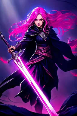 A exalted female archmage, her black robes and long pink hair shining in the light, her greatsword held firmly in her hands as she strides forward, her red eyes blazing with a fierce intensity, levitating above enemys , dodging enemy fire, 4K,