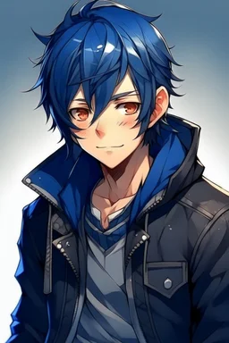 dark blue haired anime boy in a leather jacket