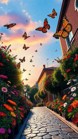 "Midnight Serenade unique" low view angle shot down sunset large close up a beautiful street with colorful wild flowers and butterflies on both sides , granite terrazzo motifs with puzzle modern , clothing is decorated with colorful filigree abstract, Collage chutes papiers magazines,Spirograph background by Nisa Kiley, Textile Artist،