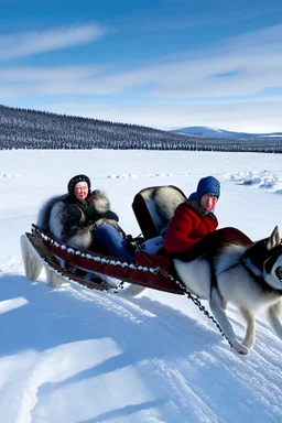 Matthew y Margaret se encuentran en un trineo tirado por un husky mientras viajan por un paisaje nevado