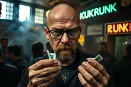 man looking like "Walter White" in breaking bad tv show, bald and goatee glasses, holding condoms in a crowdy slum bar, smoke and light from windows. a sign with the word "KUKRUNK" on the wall