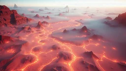 aerial view of a landscape covered in goo that looks futuristic with futuristic lighting, horizon, realistic rendering