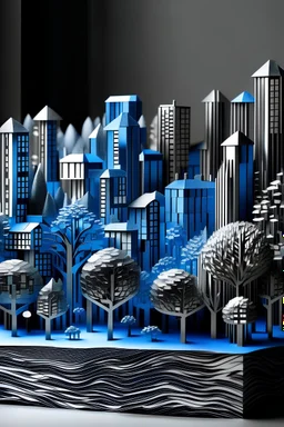 City made from silver wood and blue trees
