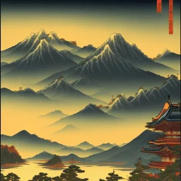 Ukiyo-e, mountains, sun