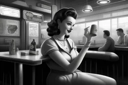 50-v5.2 prompt 26: Using the Grisaille technique, create a vintage Pin-up Girl in a classic 1950's diner setting. elegantly sipping a milkshake with an iconic jukebox in the background. -ar 16:9 -s 50. -v