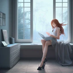 Anime, female student studying under window, studying lesson, perfect face, cool face, ultra detail, unreal engine 5, cinema4d, sun light, studio lighting --ar 1:1 --v 4