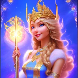 Flower , beautiful smiling furry young woman holding scepter, long hair amazing blue eyes, happy cosmic, bright colors, blue, pink, gold, jewels, realistic, photo real, clear godly background, highly detailed, high contrast, 8k high definition, unreal engine 5, extremely sharp detail, light effect, sunny light background