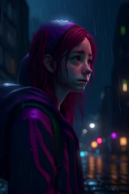 a lonely red haired girl alone in a dark rainy city with a purple background,4K, 8K, 3D, Exquisite detail-logotype, purple, very detailed elegant style, 3-Dimensional, hyper realistic, extremely detailed, hyper realistic, 3d render, photo