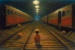 in a tunnel little girl is holding a teddy bear next to train tracks Zdzisław Beksiński