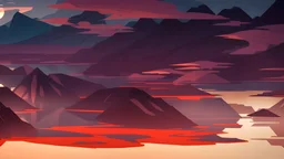 Stylized image of a forest, near a serene lake and mountains in the background at sunrise
