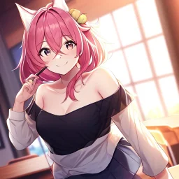 Clear focus, High resolution, a anime adult, cute, cartoony style, smiling, hair between eyes, holding a pencil, small forhead, female, medium length hair, long locks, lots of bangs, teacher, wearing a off shoulder shirt, no spaghetti straps, peach hair colour, kitsune ears down