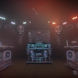 DJ of the damnded, insanely detailed DJ booth in hell, MID set, speakers and equipment made of bone, anatomically correct, add more skulls in th audience, photorealism, vray, 8k 3d, woofers in all empty eye sockets of stage equipment, wide angle, telephoto, from audience, all multicolored skulls,