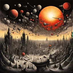 Infernal armada over London, just a ball spinning round the sun, horror surrealism, by Yves Tanguy, by Dan Seagrave, by Philippe Druillett, maximalism, expansive hellscape, smooth, nightmarish, brilliant dark colors, crimson and black, infernal surreal sunset, ink illustration, Bolland's visceral style, dramatic