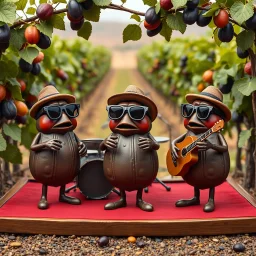 California Raisins wearing shades in a jazz quartet on a stage in a vinyard, claymation, anthropomorphic raisins, raisin wrinkled textures