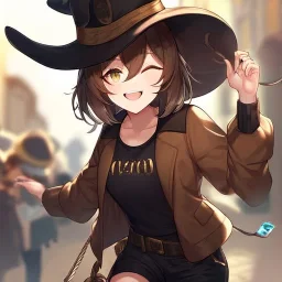 Clear focus, High resolution, short brown spiky hair, hair between eyes, eyes closed, wearing a brown detective hat, wearing a brown jacket and a black shirt, wearing black shorts, 1girl, pulling hat down, smiling, wearing a oversized jacket