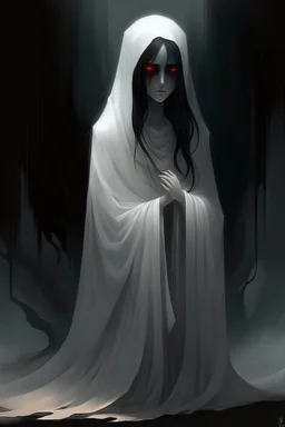 In a place filled with fog, there is an entity wearing long white clothes and wearing a white veil that hides its face, standing behind the ghost of a female with black hair that reaches her jaw, black eyes, and red lips, and wearing a black dress, and she is crying.