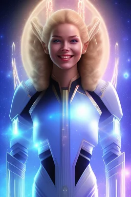 cosmic woman smile, admiral from the future, one fine whole face, crystalline skin, expressive blue eyes,rainbow, smiling lips, very nice smile, costume pleiadian, Beautiful tall woman pleiadian Galactic commander, ship, perfect datailed golden galactic suit, high rank, long blond hair, hand whit five perfect detailed finger, amazing big blue eyes, smilling mouth, high drfinition lips, cosmic happiness, bright colors, blue, pink, gold, jewels, realist,