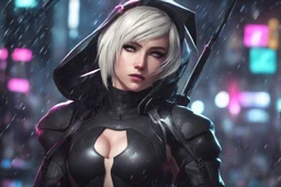 Spidergwen in 8k nier automata anime drawing style, venom them, cinematic mood, neon effect, close picture, rain, highly detailed, high details, detailed portrait, masterpiece,ultra detailed, ultra quality