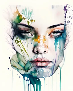 a hand-drawn watercolor painting of a woman's face with waterlily warped around the face like a snake, with a splash of mixed colors on a white background, sharp detail