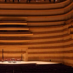 a single chair on stage under spotlight at an empty symphony hall