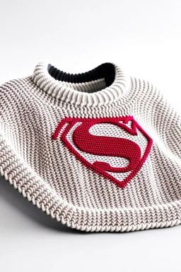 Superman's Balenciaga sweater Winter elegant inspired by Superman's Big emblem design white tones with dual color on a white background, product catalog photography, soft spot lighting, depth of field, 4k –ar 3:5 –q 2