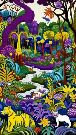 A purple jungle with a toxic river designed in German folk art painted by Edward Hicks