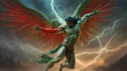 a powerfull angel fighting a demon. huges wings. blues, green and red lightning. perfect arms and hands, exquisite realism, a masterpiece, fantasy concept art, dynamic lighting, hyperdetailed, intricately detailed, deep color, volumetric lighting, Epic cinematic brilliant stunning intricate meticulously detailed dramatic atmospheric maximalist,