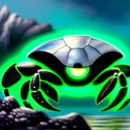 ultra detailed fullbody Drawing of a Cyborg metallic Gigantic Silver Crab on the shore , , with glowing Green eyes, extremely detailed digital painting, intrincate, extremely detailed face,crystal clear Big eyes, in the style of Frank Frazetta, mystical colors , perfectly centered image, perfect composition, rim light, beautiful lighting, 8k, stunning scene, raytracing