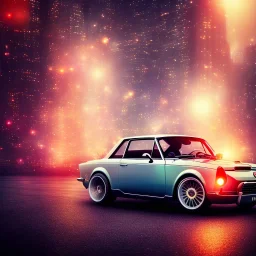 fiat 125p, city. high speed. bokeh. lens flare. warm lights. high detailed