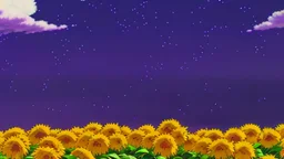purple sky full of stars, sunflower field, anime