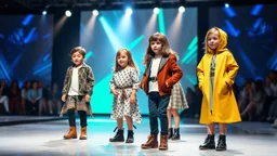 a luxury fashion show of 6-8 old years children showing modern clothing