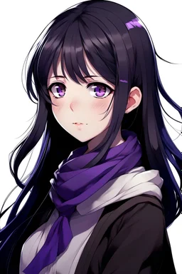 (masterpiece), best quality, expressive eyes, perfect face, (dark shiny silky black haired), violet eyes girl with a violet scarf, long hair, neutral expression, stoic, closed mouth, black school uniform, (facing forward, face profile), shot against white background