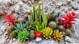 A vibrant and surreal arrangement of various succulents, cacti, and other desert plants in a rocky, textured environment. The composition features a mix of bright green, red, and orange hues, creating a striking and visually captivating scene