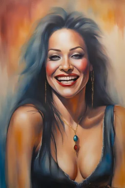 head and shoulders portrait, Miss Motley Crue - well-shaped, perfect figure, perfect face, laughing, a multicolored, watercolor stained, wall in the background, oil painting in the art style of Frank Frazetta, 4k, 8k, 32k UHD, Hyper realistic, extremely colorful, vibrant, photorealistic, realistic, sharp, highly detailed, professional quality, beautiful, awesome, majestic, superb, trending on artstation, pleasing, lovely, Cinematic, gorgeous, Real, Life like, Highly detailed,