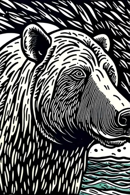 Lino woodcut black and white polar bear side view