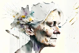 white background, double exposure, old torn paper, newspaper scraps, watercolor, splashes, blots, woman 50 years old, flower blonde, closed eyes, fine rendering, high resolution, double exposure, 8K