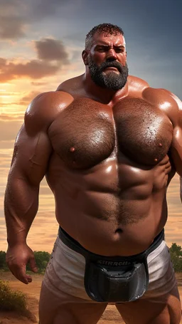 close up photography of a 58-year-old Italian man , strong burly chubby sweat, maneuvers a large excavator in the sun, shirtless and white boxer, opened big legs, big belly, short beard, ambient occlusion, frontal view, 4k,